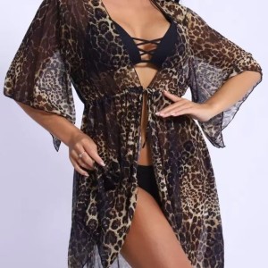 2025 European and American Cross border Women's Fashion Three piece Bikini Sexy Leopard print Chiffon Printed Beach Anti roll Swimsuit