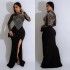 C6825 Cross border AliExpress Amazon European and American Fashion Women's Solid Color Mesh Hot Diamond Split Long Dress