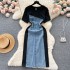 French style niche retro short sleeved patchwork denim dress for women in summer, with a slimming waist and unique casual temperament