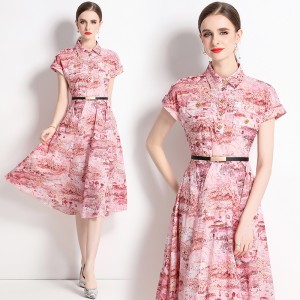 Real time shooting of autumn clothing new women's clothing with lapel and waist cinching for slimming, fashionable printed dress