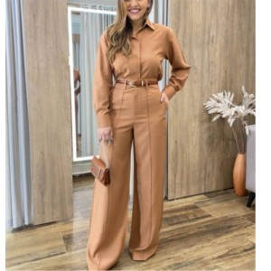 2024 New Casual and Fashionable Long Sleeve Top with Belt for European and American Foreign Trade Women's Clothing, High Waist and Wide Leg Pants Set