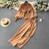 French style high-end round neck lantern long sleeved waist shirt+high waist slimming casual wide leg pants two-piece set