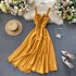 2023 new design sense careful machine V-neck backless retro solid color waist slimming long skirt women's dress