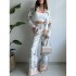 European and American Cross border Women's Set 2024 New Spring/Summer Fashion Positioning Printed Long Sleeve Top Wide Leg Pants Two Piece Set