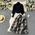 Autumn and winter light luxury high-end fashion outfit women's semi high neck sweater knitted sweater two-piece set high waist large swing jacquard skirt