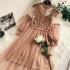 Hollow lace three-dimensional flower dreamy mesh temperament stand collar lantern sleeves high waisted two-piece fairy dress for women