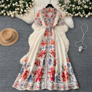 High end women's 2024 summer new style French retro lapel short sleeved waist cinched single breasted printed elegant dress