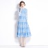 Real shot vintage blue and white porcelain printed stand up collar lantern sleeves palace waist cinching long skirt dress in stock