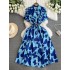 French style socialite print dress 2024 summer new item niche design waist cinching slimming mid length skirt