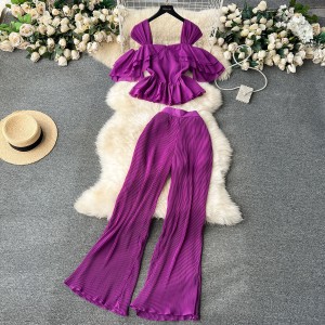 Holiday set for women 2023 new sweet ruffled edge off shoulder suspender chiffon shirt with drooping pleated wide leg pants