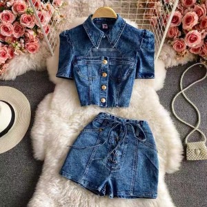 Hong Kong style fashion lapel heart machine hollow short sleeved denim top women's high waist strap hot pants short two-piece set