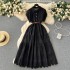 Small niche design, loose buckle, lace up long dress, women's summer waist cinched pleated shirt, collar patchwork long skirt