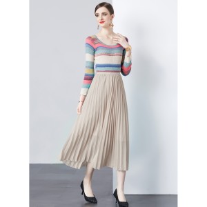 Real shooting spot small fresh simple versatile knitted top+chiffon pleated skirt two-piece set