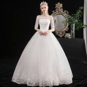 Main wedding dress 2024 new simple Korean style one shoulder mid sleeve slimming plus size bride knot spring summer princess simple