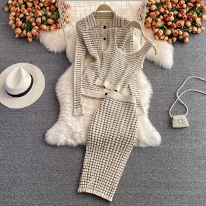 Fashion suit skirt, slim fit knit lapel top, sleeveless vest, three piece set, high waist, striped waist, hip hugging skirt for women