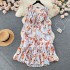 French dress women's 2023 new elastic waistband tie dye ruffled lantern sleeves floral chiffon holiday skirt