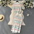 Korean Chic Retro Stripe Contrast Set Women's Loose Round Neck Short Sleeve Knitted Top High Waist Bag Hip Skirt