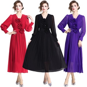 2024 Heavy Industry pleated three-dimensional flower nail bead V-neck banquet dress long sleeved dress long skirt