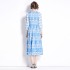 Real shot vintage blue and white porcelain printed stand up collar lantern sleeves palace waist cinching long skirt dress in stock