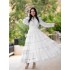 Retro court style lantern sleeve V-neck large swing dress with French elegant hollow out patchwork lace embroidery long skirt