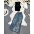 Fashion set for female hot girls, hanging neck, off shoulder, slim fit vest, two-piece set, high waist, medium length, split denim skirt