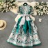 Retro court style dress with female design, printed straps, waist cinching, long French style bubble sleeves, elegant dress for women