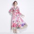 Real time spot 2024 early spring temperament retro print V-neck high waist slimming long dress