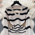 Korean style retro style lapel long sleeved wavy striped knitted dress for women's casual slimming mid length dress