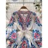 Bohemian vacation style printed dress for women with a high-end feel, lantern sleeves, loose straps, waist cinching, age reducing fairy dress