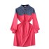 New women's autumn dress with niche design, denim polo collar, contrasting color splicing, fashionable fake two-piece sanitary dress