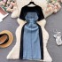 French style niche retro short sleeved patchwork denim dress for women in summer, with a slimming waist and unique casual temperament