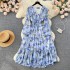 French dress women's 2023 new elastic waistband tie dye ruffled lantern sleeves floral chiffon holiday skirt