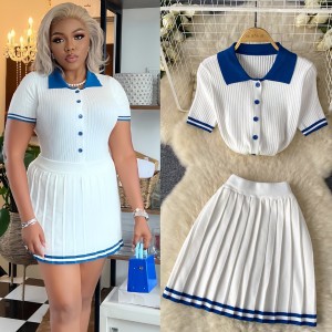 Pure desire spicy girl style contrasting color Polo collar short sleeved shirt top+high waist slimming pleated skirt two-piece set for summer