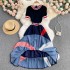 Knitted short sleeved design with color blocked stripes, heavy-duty pleated chiffon dress, 2022 new summer slimming dress