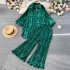 European and American fashion personalized printed suit women's lazy irregular lantern sleeve shirt+pleated wide leg pants two-piece set