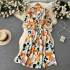 French retro high-end floral dress, women's summer new collection, waist cinched lace up five quarter sleeve chiffon skirt, V-neck dress