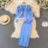 Fashionable V-neck long sleeved knitted top shawl cardigan two-piece set, medium to long, tight fitting elastic hip hugging dress