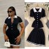 Pure desire spicy girl style contrasting color Polo collar short sleeved shirt top+high waist slimming pleated skirt two-piece set for summer