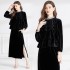 Real time spot autumn outfit new standing collar nail bead ruffle velvet top half skirt two-piece set