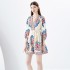 Bohemian vacation style printed dress for women with a high-end feel, lantern sleeves, loose straps, waist cinching, age reducing fairy dress