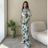 European and American spot 2024 new fashionable printed plus size loose top, high waist wide leg pants, women's casual set