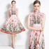 Real time spot new French style elegant socialite style high waist slimming positioning printed pleated dress