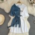 Retro Hong Kong style temperament, waist cinched with waist belt, round neck color blocked denim shirt, spring new chic casual mid length top