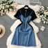 Korean style outfit design sense fake two short sleeved contrasting splicing denim camisole skirt zipper slim fit short dress