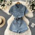 Workwear one-piece denim suit, women's short summer outfit, 2022 new style, fashionable high waisted wide leg shorts