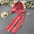 French style high-end round neck lantern long sleeved waist shirt+high waist slimming casual wide leg pants two-piece set