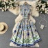 Spring and summer new palace style sleeveless lapel, waist cinching, slimming and stylish European and American printed mid length dress, trendy