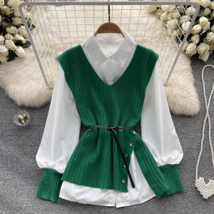 V-neck single breasted irregular knitted vest+spliced white casual loose shirt women's autumn two-piece set trendy