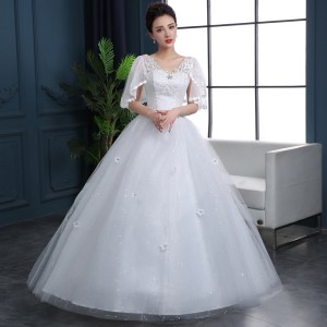 Wedding Dress 2024 Winter Spring and Autumn New Style, Fat and Skinny Look with Medium Sleeves, Lace Large Size, Simple One Word Shoulder Alignment, Slim Look