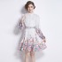 Real time spot new spring style retro temperament elegant stand up collar waist slimming printed large swing dress